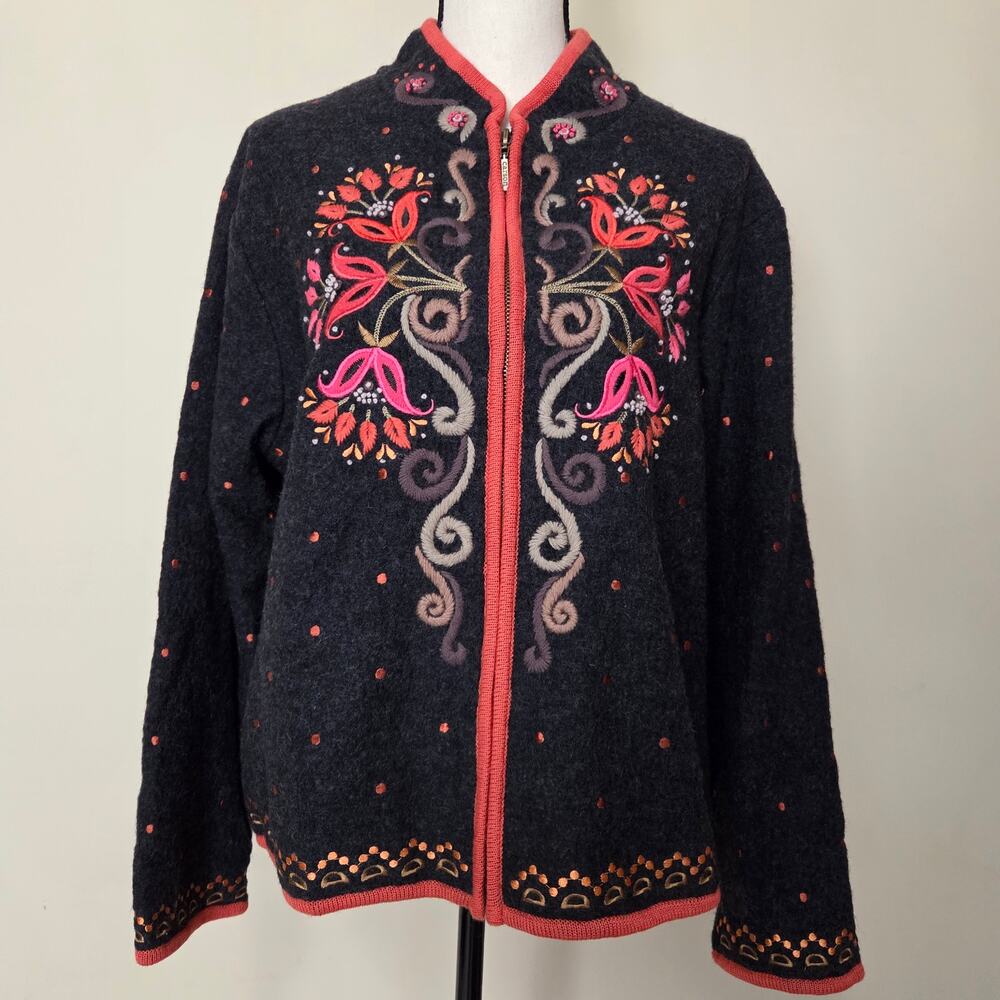 EUC Carson L Wool Embroidered Nordic Long Sleeve Lined Cardigan Sweater Jacket